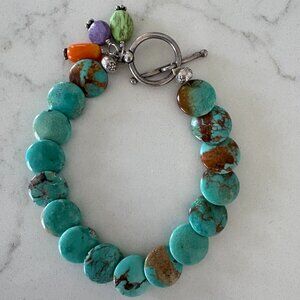 Turquoise, Gaspeite, Sugeilite, Coral Stones and sterling Silver Bracelet